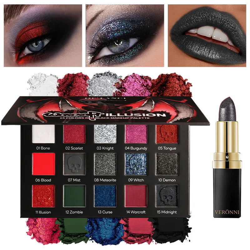 Paleta de sombras góticas 15 cores e batom preto - escuro romântico esfumaçado olho vampiro maquiagem de Halloween fosco brilho labial escuro — image 4