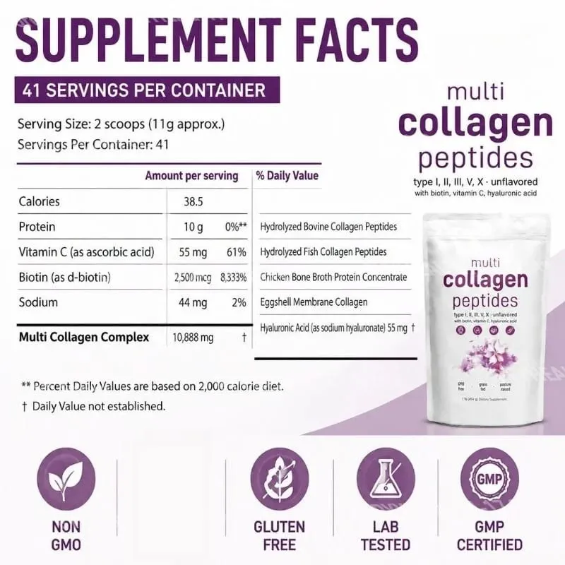 Bubuk Peptida Multi Kolagen Tipe I II III V dengan Biotin Vitamin C & Asam Hyaluronic Mendukung Kuku Rambut Kulit untuk Pria Wanita