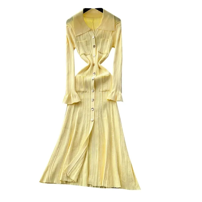 YuooMuoo marca de moda de una pieza de punto Maxi Vestido de mujer elegante con cuello en V con volantes cintura delgada ceñido al cuerpo suéter Vestido de fiesta