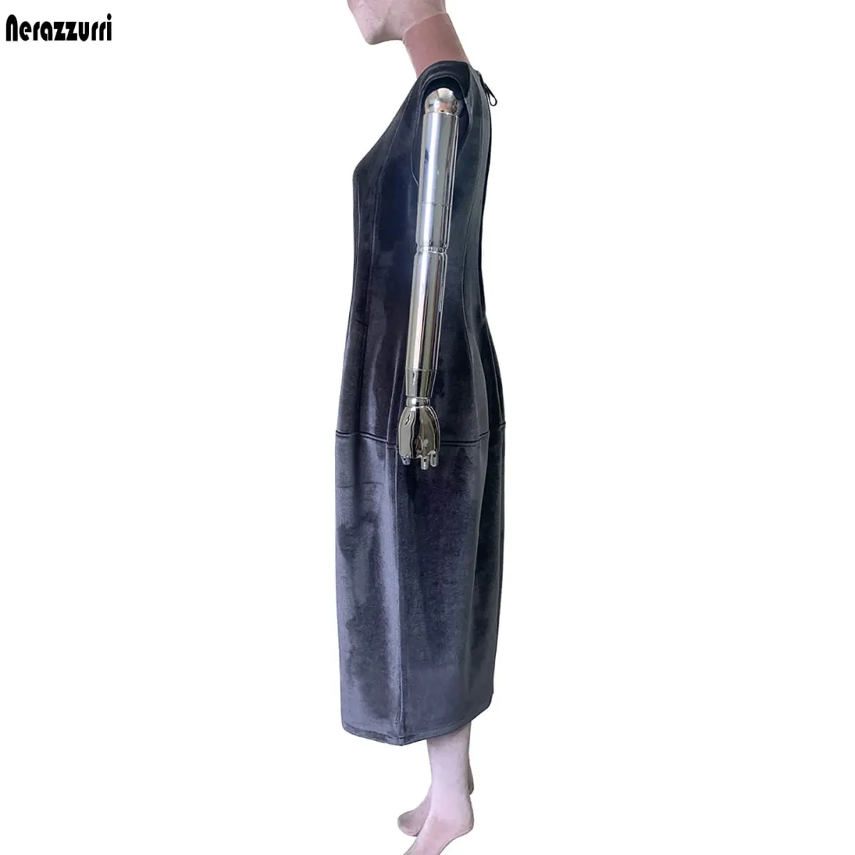 Nerazzurri Summer Autumn Long Luxury Elegant Luxury Fitted Dark Gray Sleeveless Soft Velvet Modest Dresses for Woman High Waist