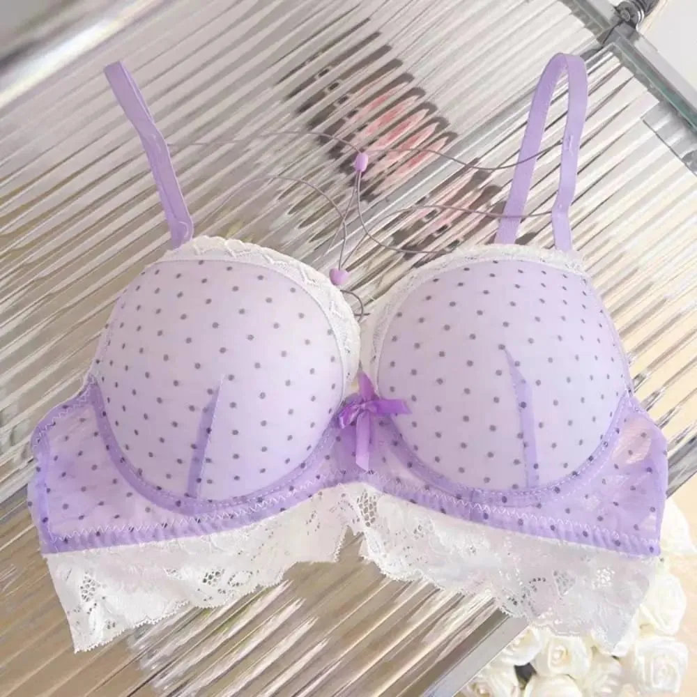 Comfortable Dots Lace Bra Set Love Heart Bowknots Bra Panties Set Lace-up Intimates Push Up Bra Women Romantic Evenings — image 3