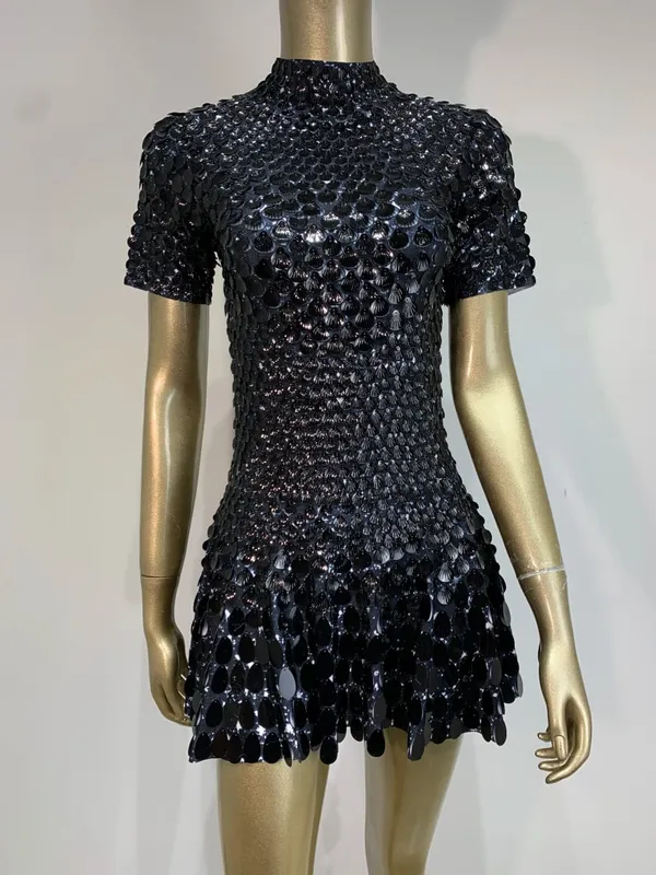 Estate donna moda mezzo collo alto manica corta sirena lucida paillettes mini abito club abito discoteca costume da spettacolo teatrale — image 9