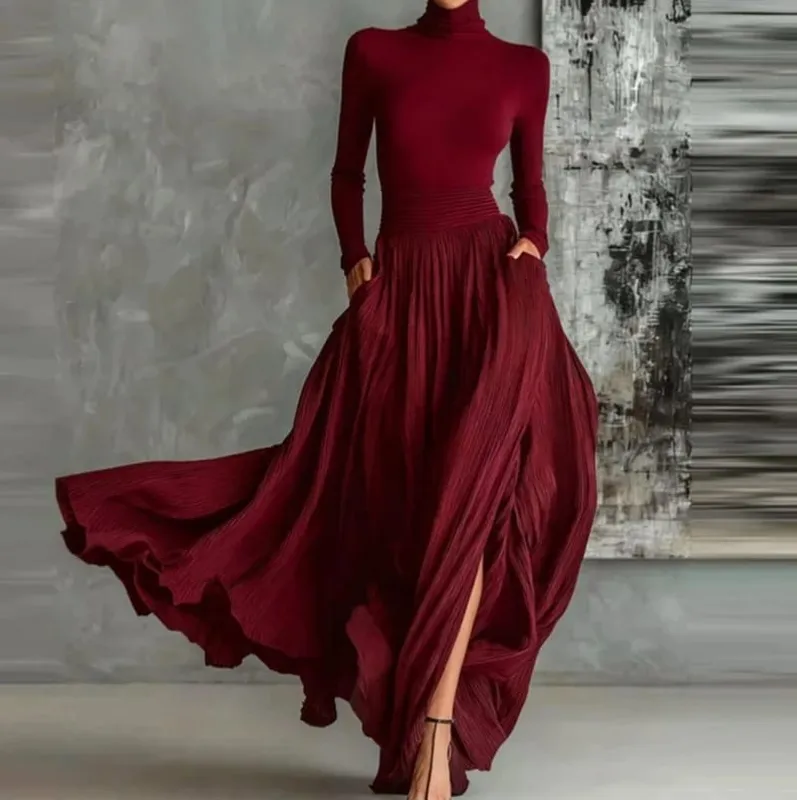 Francie Elegantní dvoudílná sukně pro dámské kapsy Pevný minimalistický dělený lem plisovaný A Line Vintage slim obleky s rolákem