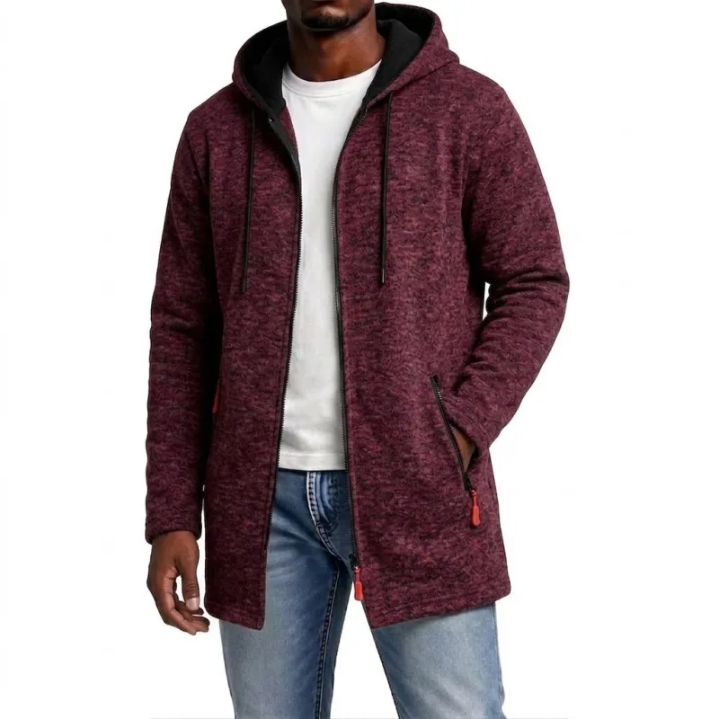 New Men's Zip Up Hoodie Casual Mid-Length Sweatshirts Fleece Jacket Warm Winter Hooded Trench Coat Outerwear with Zipper Pockets — image 8