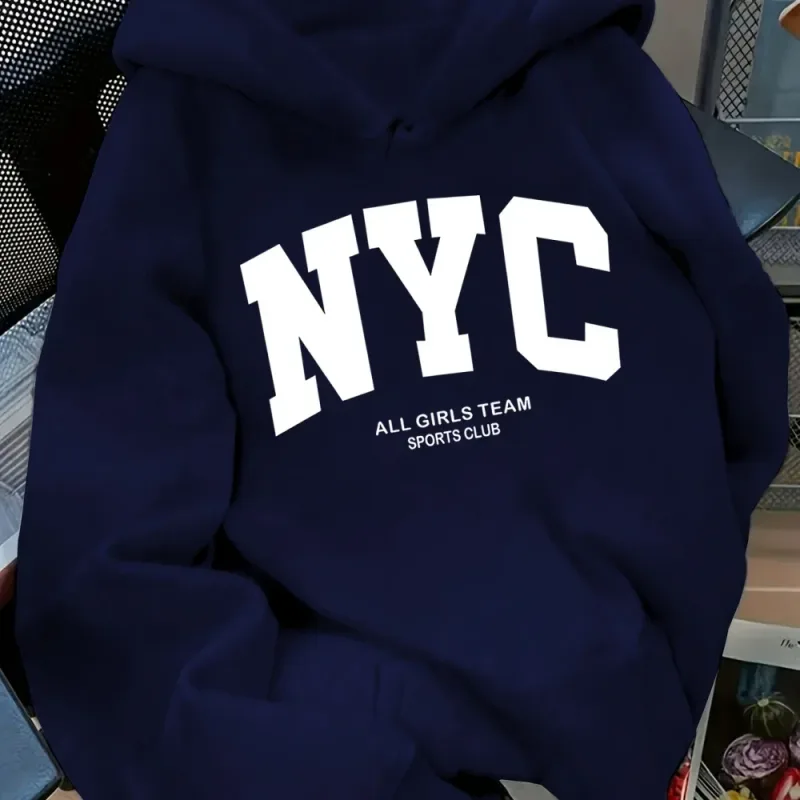 Hoodie Tim New York Biru Laut Nyaman Musim Gugur/Musim Dingin Baru - Pullover Kasual Hoodie Gaya Jalanan Pasangan Lengan Panjang dengan POC