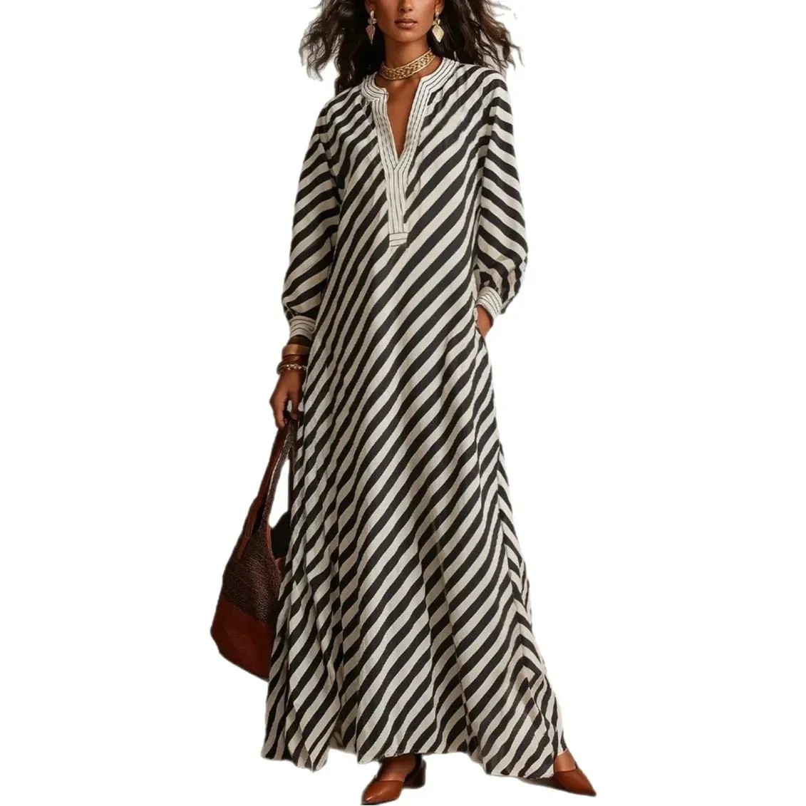 Fashion Stripe Print Maxi Dress 2026 Autumn Winter Women V‑Neck Long Sleeve Loose Casual Long Dresses Holiday Beach Boho Dress