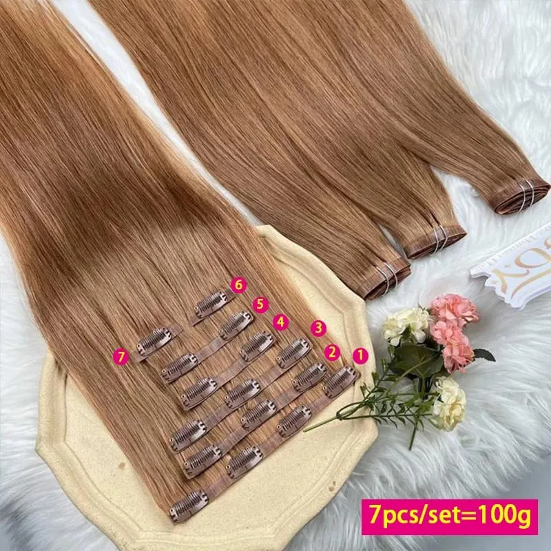 #30 Color Straight Invisible Seamless Clip in Hair Extensions PU Clip Ins 7Pcs/Set 100g 100% Raw Virgin Human Hair Full Head — image 2