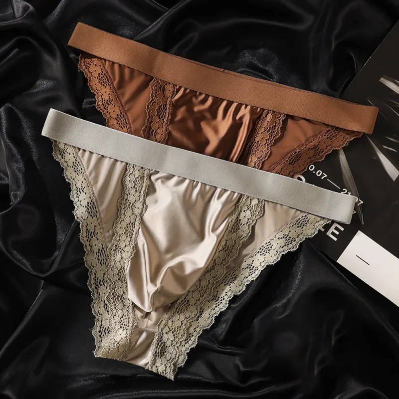 Satin-like Comfortable Men Panties Lace Trim Briefs Sexy High Fork Bikinis Underwear Breathable Low Waist Pouch