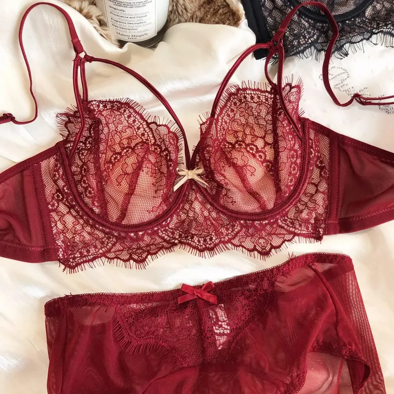 Sexy Hohl-BH-Slip-Set, französische dünne Tasse, Spitze, Stickerei, Damen-Unterwäsche, drahtfrei, Bralette, Polsterung, Komfort, Plus-Size-Dessous