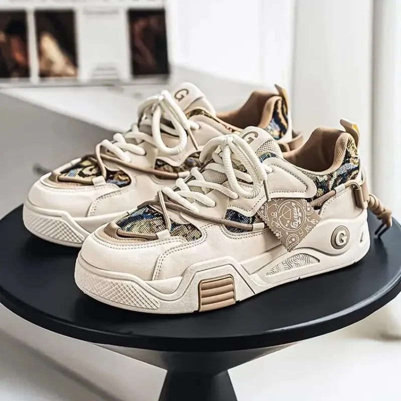 Spring Summer Men Sneakers Chunky Sole Casual Shoes Retro Color Block Graphic Print Lace Up Thick Flat Platform Footwear — image 5