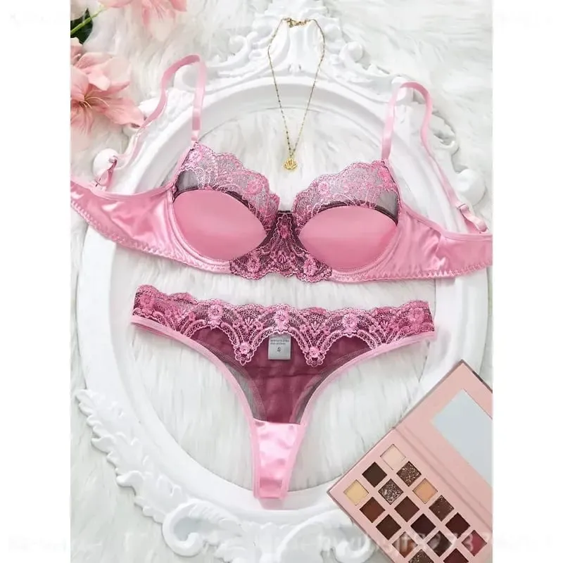 Women Romantic Pink Lace Lingerie Set Padded Balconette Bra Sheer Thong Satin Trim Date Night Valentine Underwear