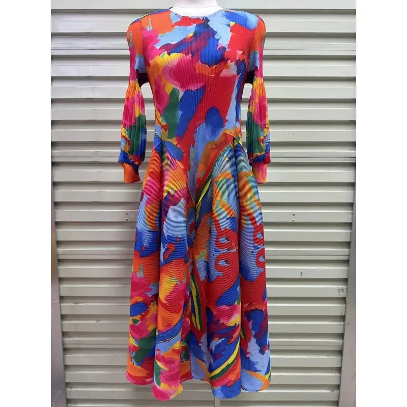Miyake Plissee Kleider 2026 Herbst Neue Sanfte Französisch Druck Elegante Stretch Plus Größe frauen Langarm Bounce Blume Knospe kleid — image 8