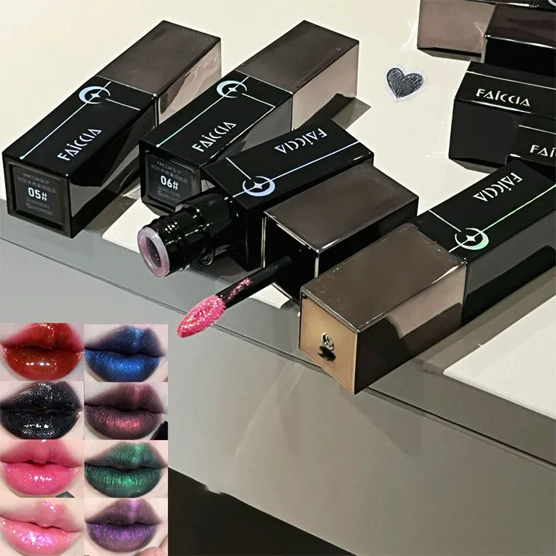 8 Colors Glitter Watery Lip Gloss Diamond Pearlescent Metallic Lipstick Lasting Moisturizing Non-Sticky Halloween Party Makeup