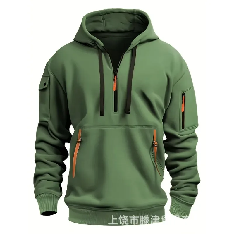 Men's Spring Autumn Hooded Sweatshirt Zip Multi Pocket Pullover Casual Sports Jacket Fashion Trendy Hoodie Top for Men Street