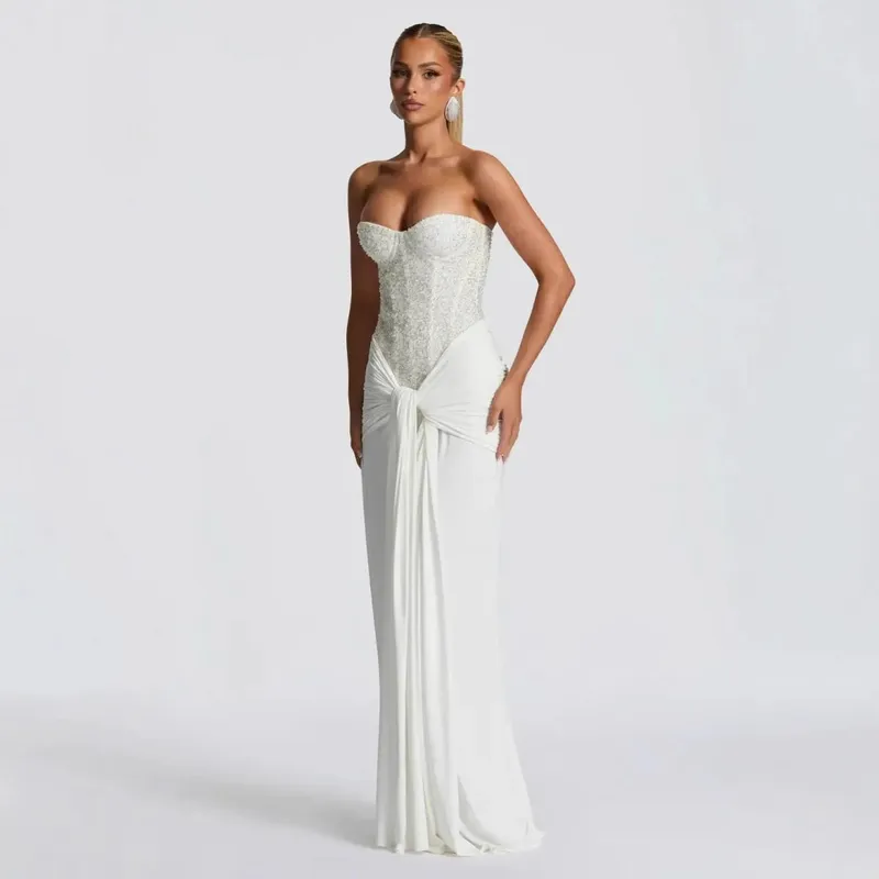 Sexy Pailletten-Patchwork-trägerloses Maxikleid für Damen, ärmellos, schulterfrei, geraffte Taille, Plissee-Kleider, Abendparty-Kleider — image 6