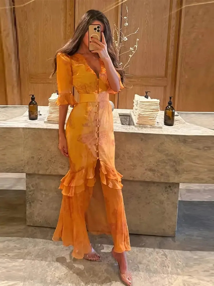 Elegant Ruffle ผู้หญิงชุดยาว V คอครึ่งแขนปุ่มเอว Cinching จีบชุด 2026 ฤดูใบไม้ผลิ Lady แฟชั่น Party Robes