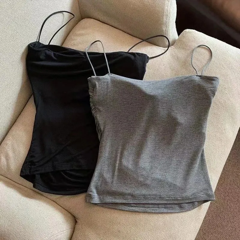 Sexy Solid Pleated Tank Camisole Women's Summer Spaghetti Strap Sleeveless Tops — image 5
