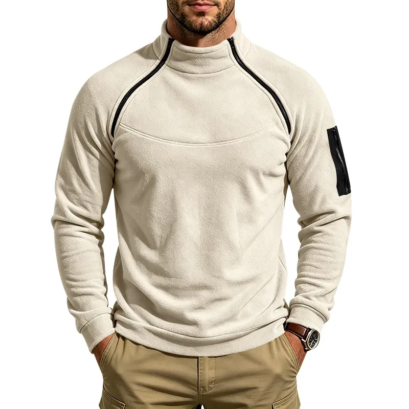 Men Fleece Stand Collar Sweatshirt Diagonal Zipper Arm Pocket Long Sleeve Loose Casual Pullover Autumn Winter Outdoor Tops — image 13