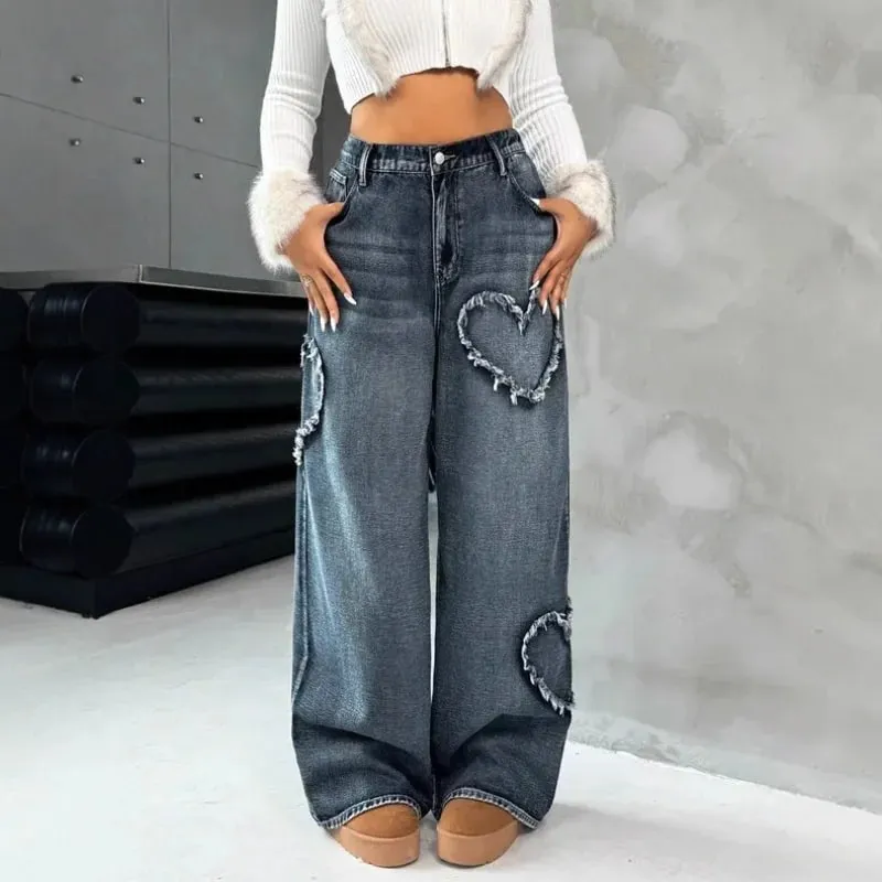American Retro Frayed Edge Patchwork Heavy Washed Denim Jeans Unisex Street Loose Straight Wide-Leg Trousers 21095 — image 8