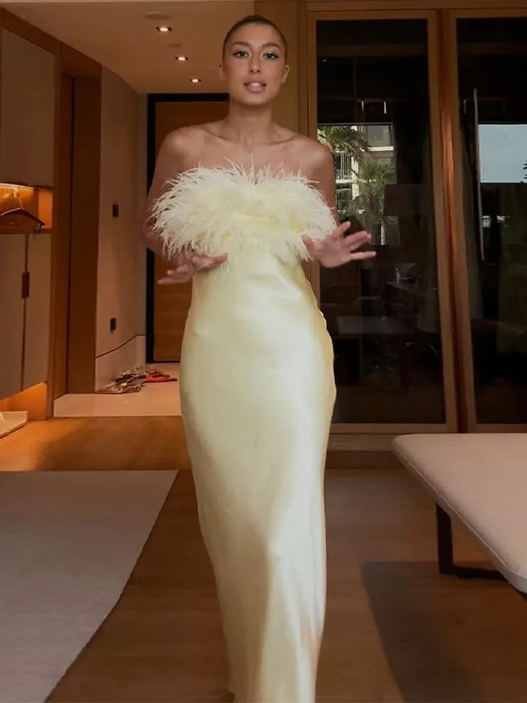 Gaun Maxi Pinggiran Satin Kuning Wanita Elegan Tanpa Tali Pinggang Tanpa Lengan Gaun Panjang Dibungkus 2025 Jubah Wanita Percutian Musim Panas Baru — image 5