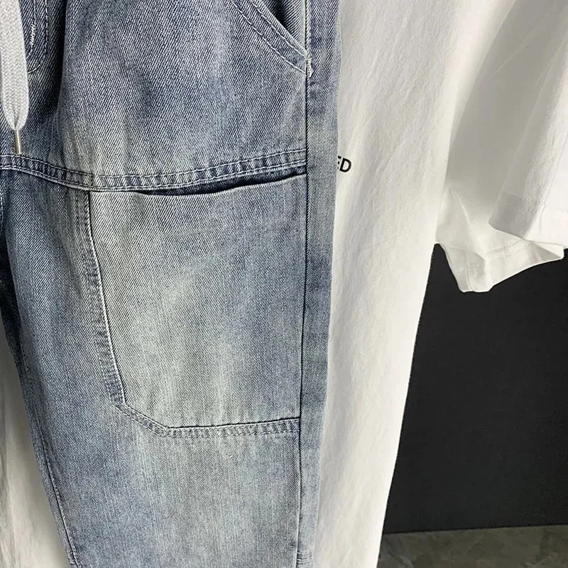Pakaian jalanan Mewah Musim Gugur baru Korea Harajuku Stretch Lelaki Slim Solid Denim Kasual Seluar Pensel Seluar Jeans longgar kargo lelaki — image 4