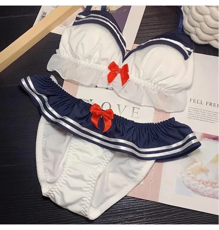 Set pakaian dalam wanita set celana dalam bra wanita inti lucu Angkatan Laut setelan pelaut busur set Lingerie set gadis seksi wanita cosplay Lolita