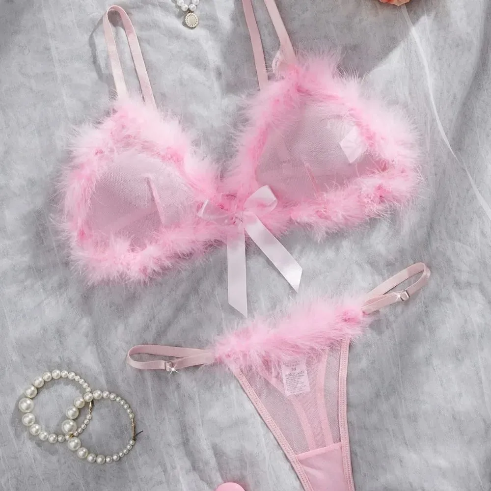 New Year Furry Women's Underwear Mesh Transparent Bow Decor Lingerie Set Romantic Intimate Wireless Bra Panties Suit Anniversary — image 3