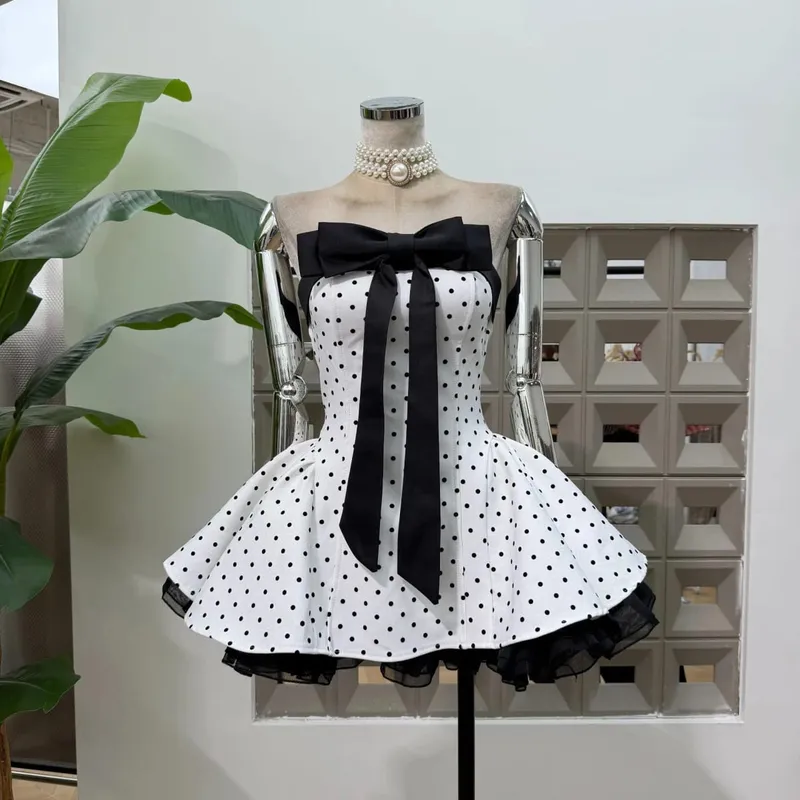 Babaeng Sexy Strapless Backless Polka Dot Bow A Line Dress Party Birthday Evening Ball Gowns Nightclub Show Wear Fashion Vestido
