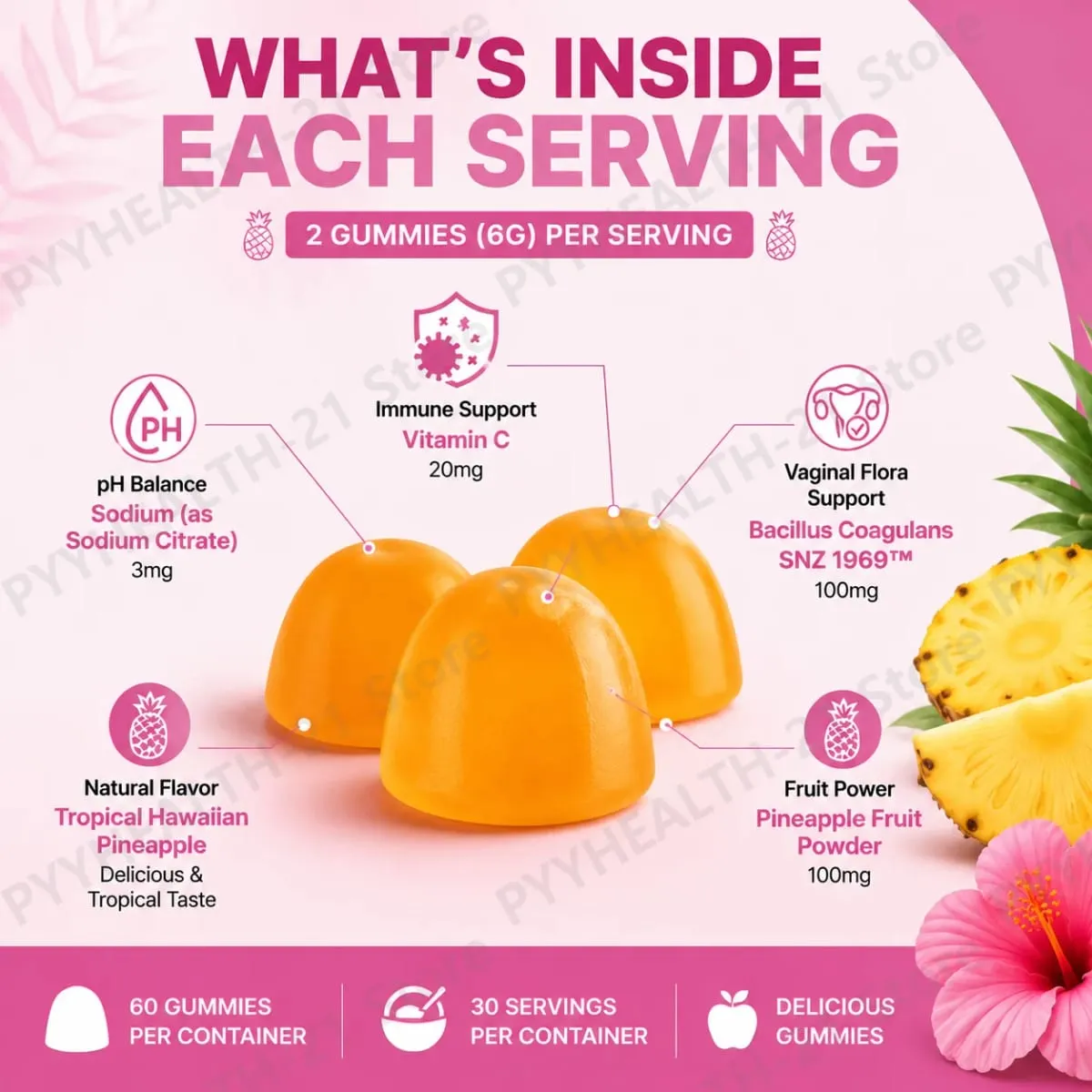 HalmanLabs Vaginal Health Gummies Probiotic Vitamin C Balance PH Levels Support Flora Immune Defense 60 Count Pineapple Women — image 5