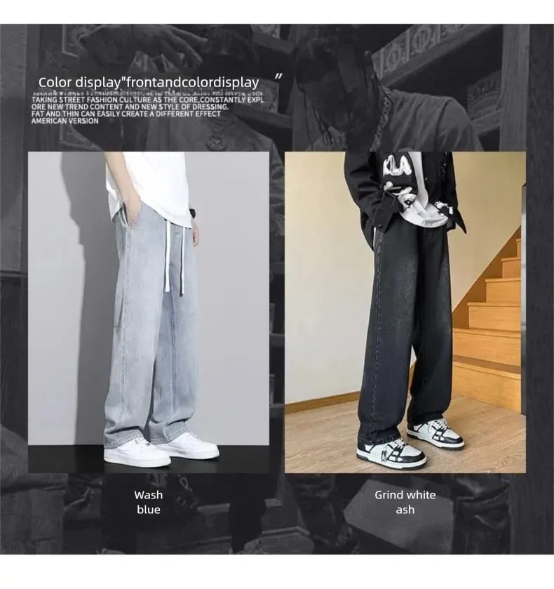 Men's Straight Leg Jeans American High Street High-quality Drawstring Design Daily Casual Loose Pants Washed Polished White — image 3