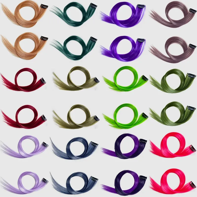 Synthetic Colored Clip In Hair Extensions Straight Highlight Hair Streaks Rainbow Hanging Hair Pieces Hairpiece For Women Party — image 4