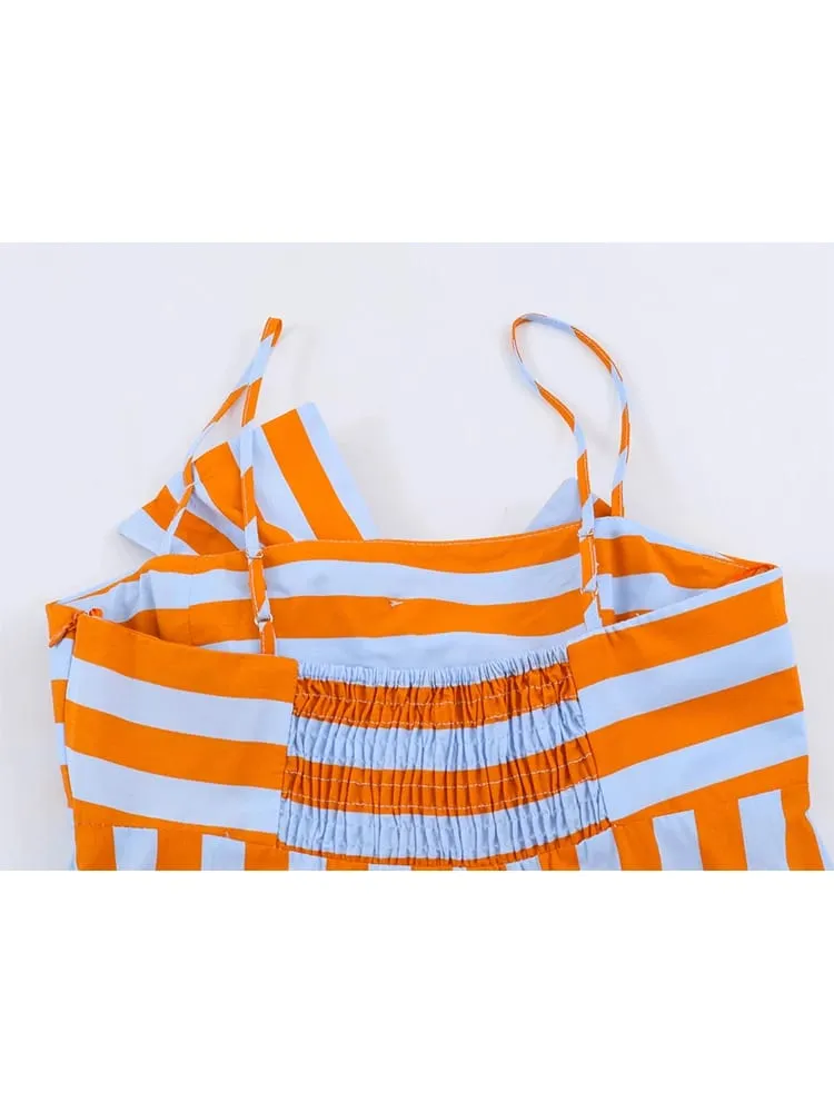 Fashion Women Stripes Print Sling Dress na walang manggas na Bow Front Loose Fit Backless Long Dresses Chic Lady Holiday Robe — image 6