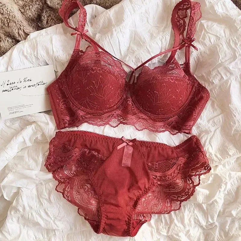 French Pure Lace Bralette Petite Bra Set AABB Cup with Removable Straps & Thin Push Up Pads Soft Underwire Sexy Women's