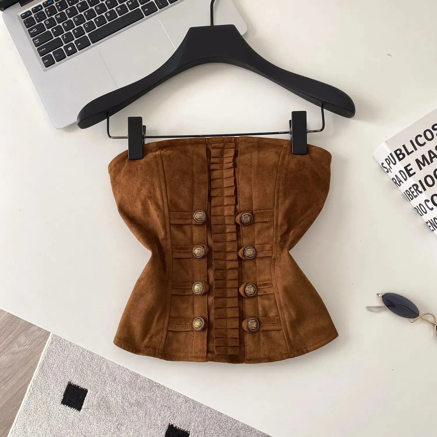 Fake Suede Senior Vintage Tank Top Autumn Female Metal Button Bodycon Top French Sensual Chic Commute Party Camisole — image 7