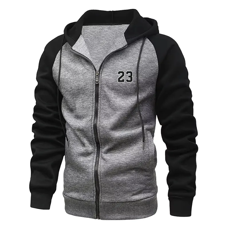 Lelaki Hoodies Bercetak Nombor 23 Baju Sweatshirt Lengan Panjang untuk Lelaki Bertudung Zip Lelaki Baju Sweater menyekat warna fesyen — image 4