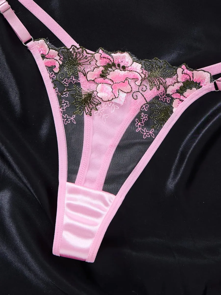 Elegant Pink Floral Embroidered Lace Lingerie Set Women Push Up Bra Thong Mesh Satin Romantic Intimate Underwear ZA825146 — image 6