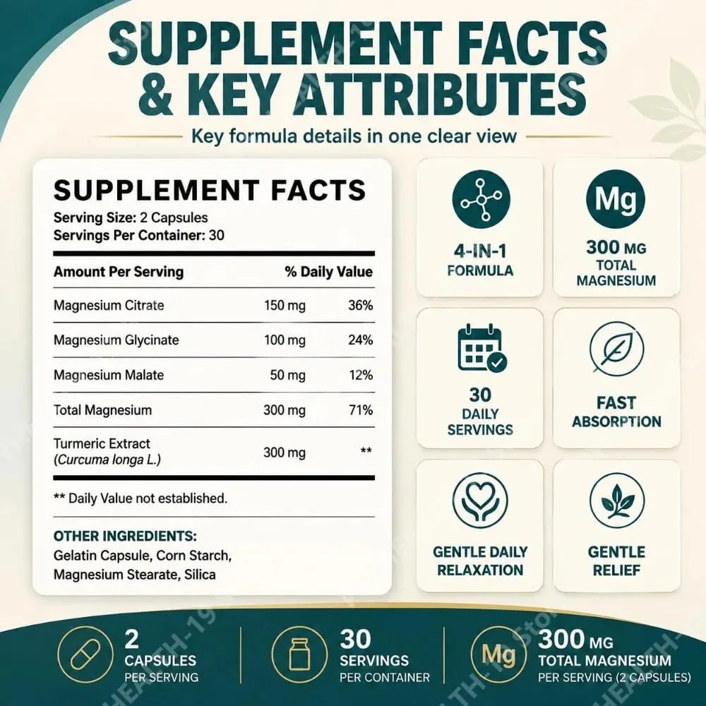 Kapsul Kompleks Magnesium 4-dalam-1 TriMagnes 300mg dengan Citrate Glycinate Malate Turmeric untuk Keselesaan Saraf Otot Relakskan 60 Ct