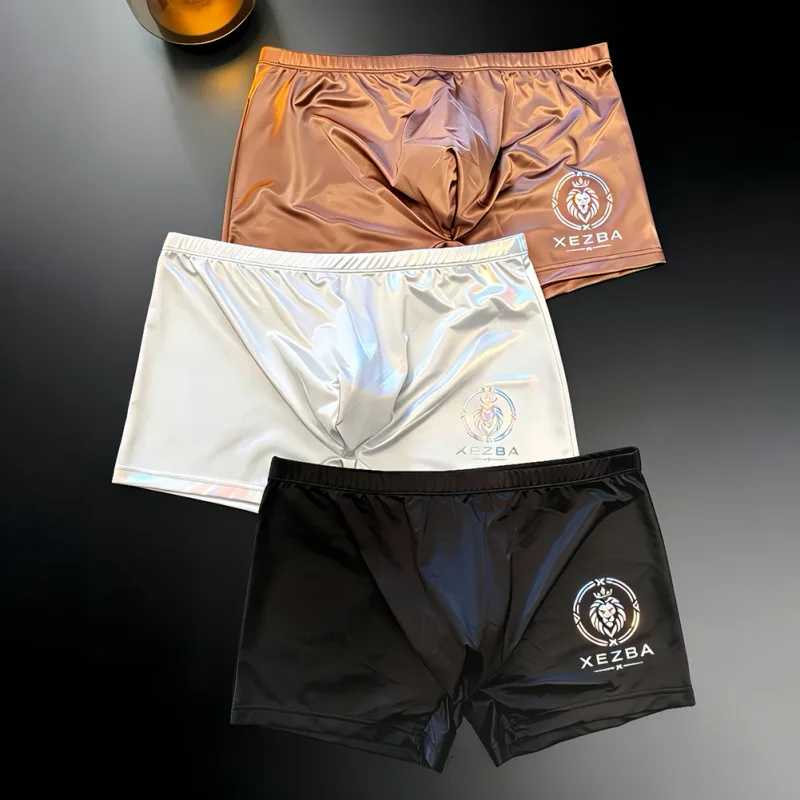 Men Glossy Ice Silk Boxer Shorts Briefs U-shape Pouch Underwear Home Sleep Trunk Men's Glossy Satin Ice Silk Long Leg Boxer — image 9
