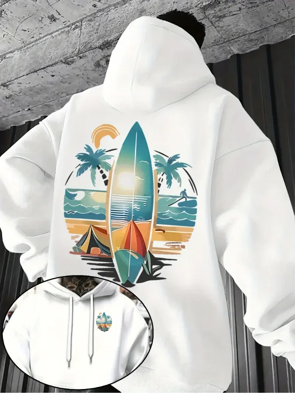 New Autumn/winter Men's Hooded Sweatshirt with Surfboard and Beach Print Loose Fit Stylish Street Style Comfortable Fit Hoodies
