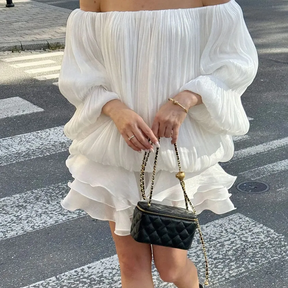 Ticketsx Sommer Glänzende Schulter Dünne Plissee Mini Kleid Elegante Solide Rüschen Langarm Vestidos Dame Party Abendkleid