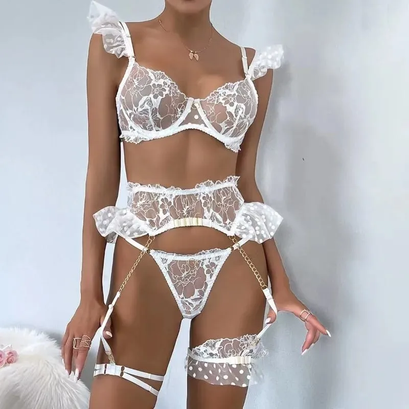 French Sexy Eyelash Lace Women's Lingerie Sets Fancy Floral Embroidery Bra Garter Belt Thong Ruffle Leg Straps Exotic Underwear