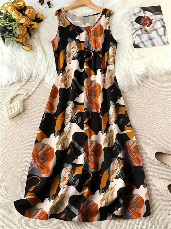 Summer Fashion Round-Neck Women's Dresses Botanical Floral Color-Blocked Patchwork Dresses Travel Party and Beach Dresses — image 12