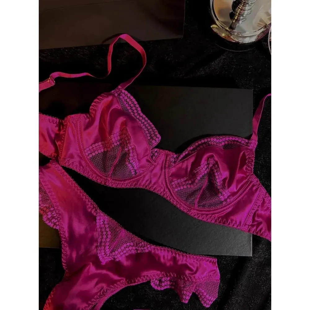 Women French Satin Lingerie Set 32-38AB Summer Thin Cup Minimizer Bra Uplift Support Underwear Set for Big Bust Daily Wear セクシーな — image 6