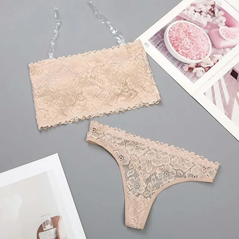 Lace Sheer Flower Thong Bra Set Invisible Straps Embroidery Floral Panties Bra Kit Lingerie Hollow Underwear for Women Ladies — image 8