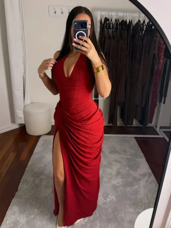 Elegant สีเหลือง Strapless จีบยาวชุดผู้หญิงเก๋แขนกุดเอว Cinching แยกชุด 2026 Lady Evening Party Robes — image 26