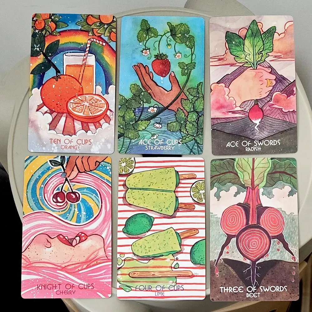 Magiczna spiżarnia talia tarota podwójnie tłoczony karton akwarelowe karty tarota z motywem żywności dla domowych kucharzy i smakoszy 12*7cm — image 3