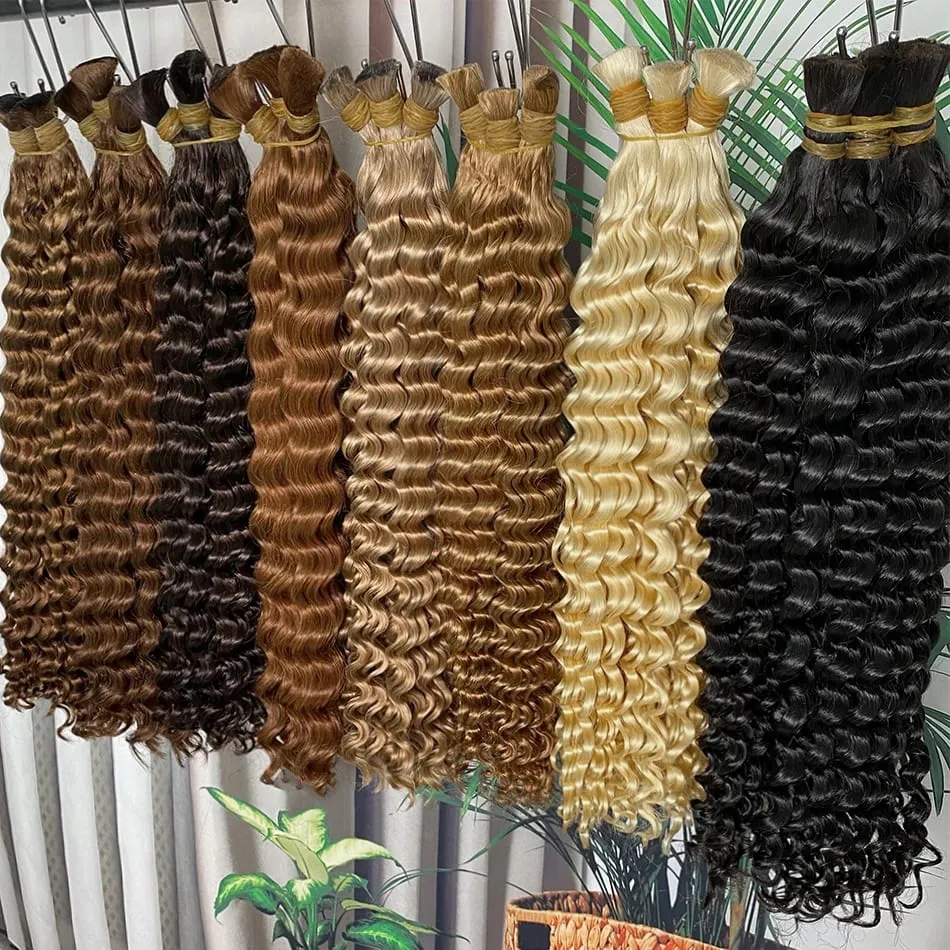 4# Chocolate Brown Deep Wave Bulk Human Hair for Boho Braids Curly Braiding Hair 18-30 inch Remy Hair Bundle Brazilian