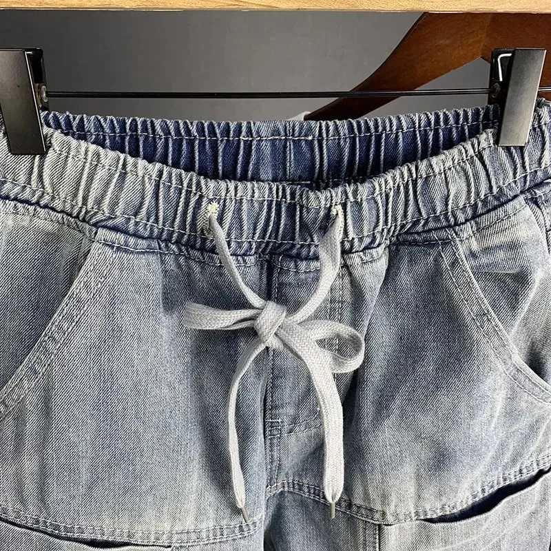 Pakaian jalanan Mewah Musim Gugur baru Korea Harajuku Stretch Lelaki Slim Solid Denim Kasual Seluar Pensel Seluar Jeans longgar kargo lelaki — image 3