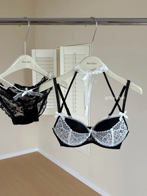 French Romantic Halter Neck Lace Bra Set Women Push‑Up Support Soft Stretchy Lingerie Underwear Small Bustセクシーな S-XL
