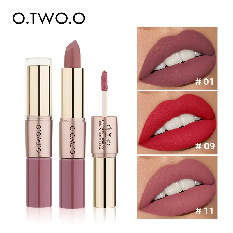 O.TWO.O 2 en 1 Lápiz labial Mate Brillo de labios Cosméticos Pintalabios impermeables Batom Mate Labios Maquillaje Colorete 12 colores Lápiz labial
